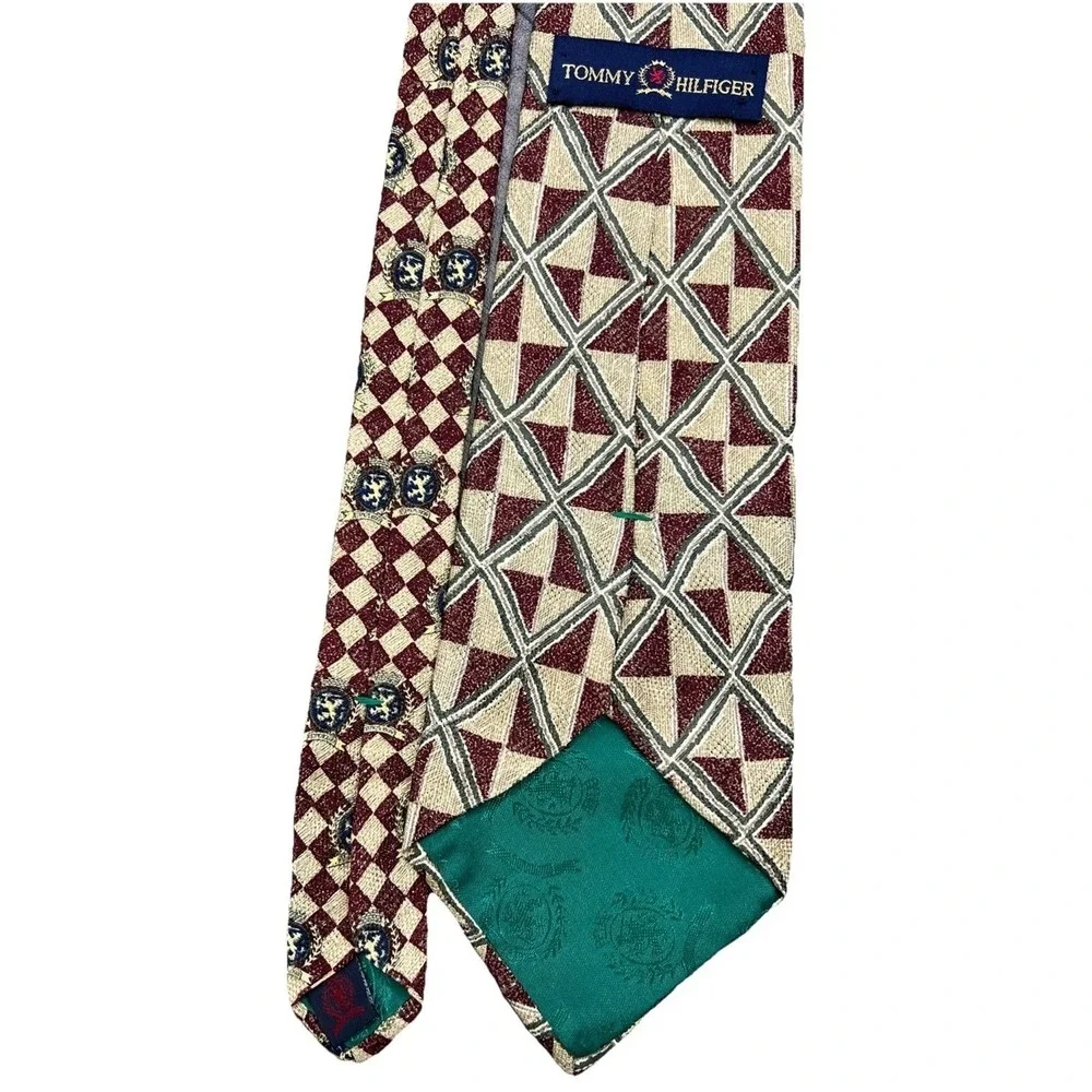 Vintage Tommy Hilfiger Silk Tie Geometric Foulard Burgundy Tan Wide Mens Italy